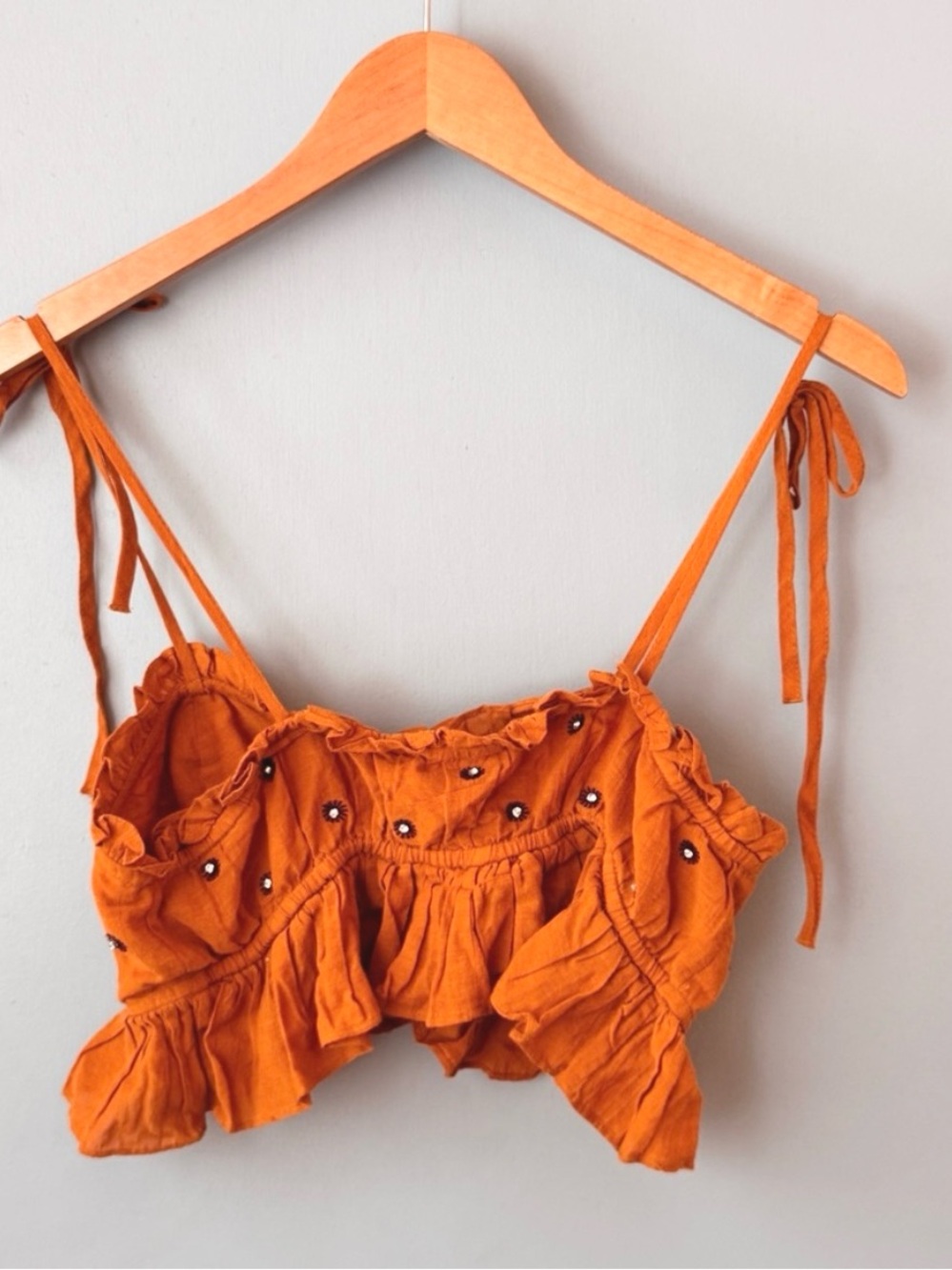 Free People Rust Orange Embroidered Tie-Shoulder Ruffle Crop Top - Picture 5 of 8